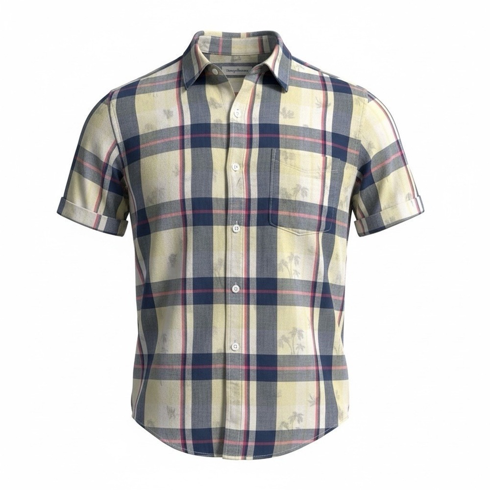 Tommy Bahama Mens Short Sleeve Button Down Shirt Blue Plaid Palm Tree Sz XL